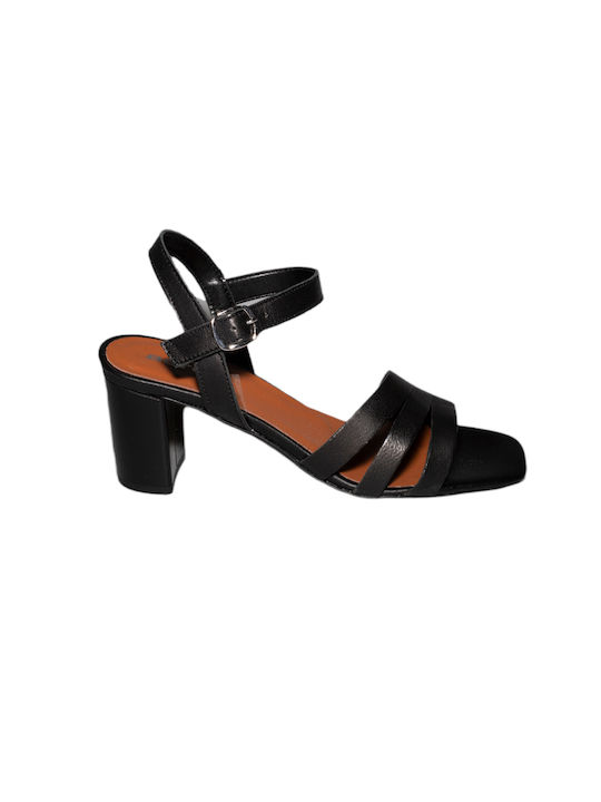 Aeros Anatomic Leather Women's Sandals Black with Chunky Medium Heel