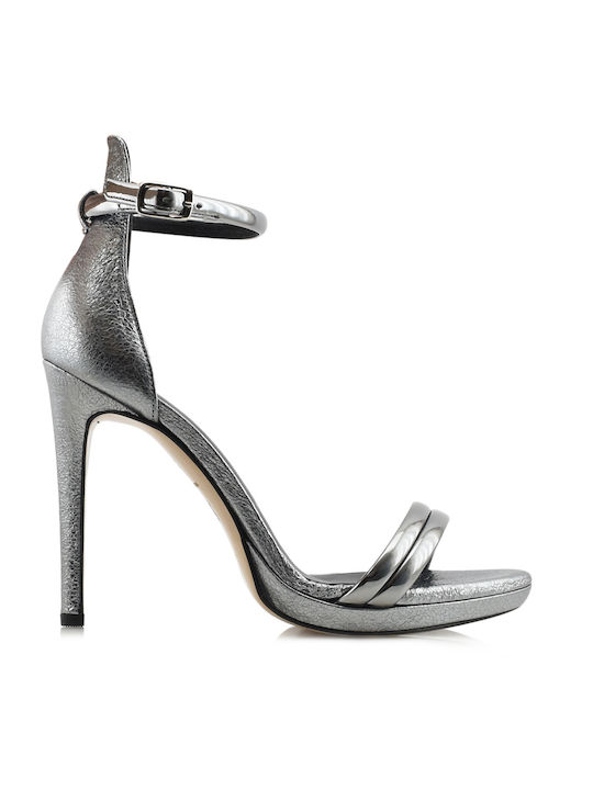 Aris Tsoubos Leather Women's Sandals with Ankle Strap Silver with Thin High Heel