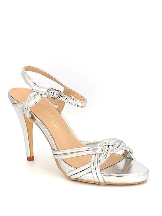 Azarey Leather Women's Sandals Silver with Thin High Heel R