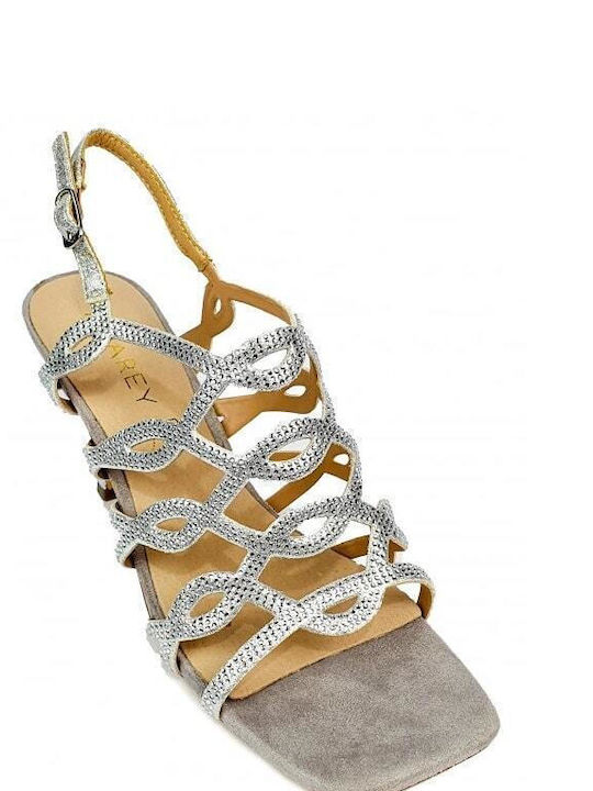 Azarey Leather Women's Sandals with Strass Gray with Chunky High Heel 434F364
