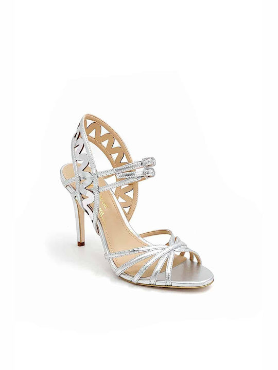 Gold&Rouge Leather Women's Sandals Silver with Thin High Heel