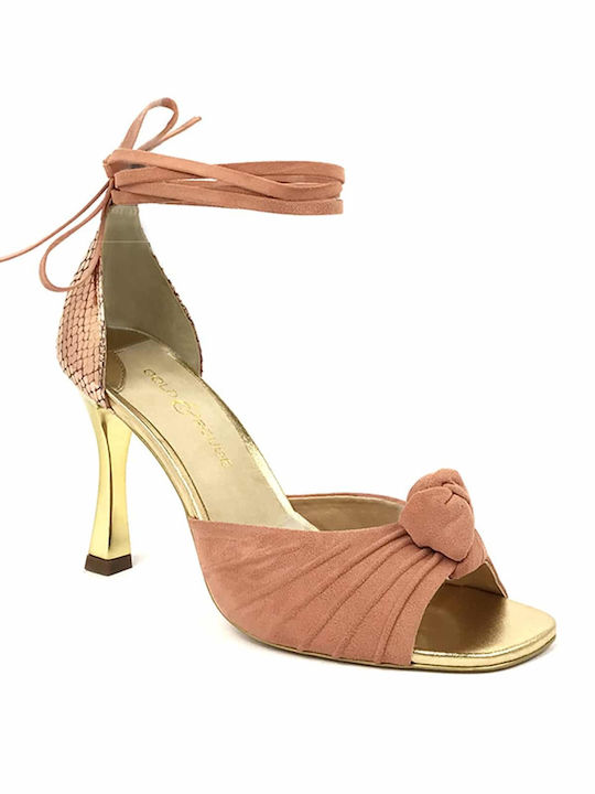 Gold&Rouge Leather Women's Sandals with Ankle Strap Beige with Thin High Heel