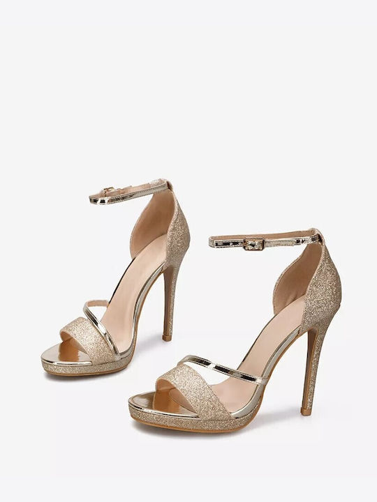 Super Mode Platform Women's Sandals with Ankle Strap Gold with Thin High Heel