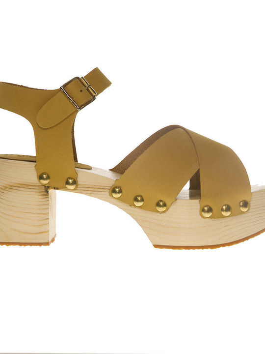 Mythology Leather Women's Sandals Yellow with Chunky Medium Heel