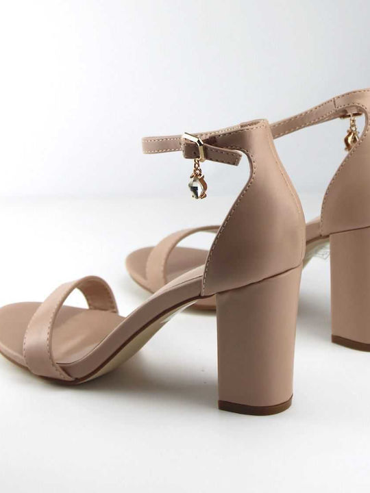 Diamantique Synthetic Leather Women's Sandals with Ankle Strap Pink with Chunky High Heel