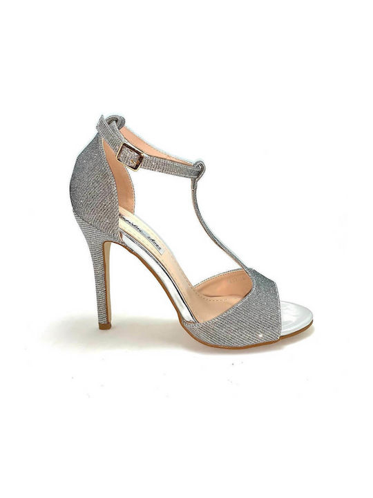 Karidis-Shoes Women's Sandals with Strass Silver with Thin High Heel