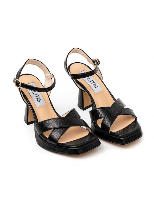 Politis shoes Leder Damen Sandalen Anatomisch mit Chunky hohem Absatz in Schwarz Farbe