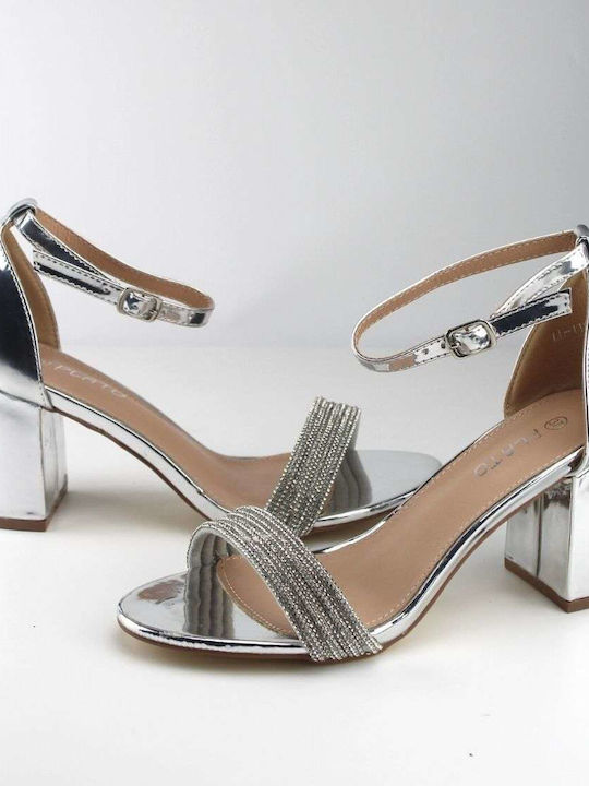 Plato Synthetic Leather Women's Sandals with Strass & Ankle Strap Silver with Chunky Medium Heel