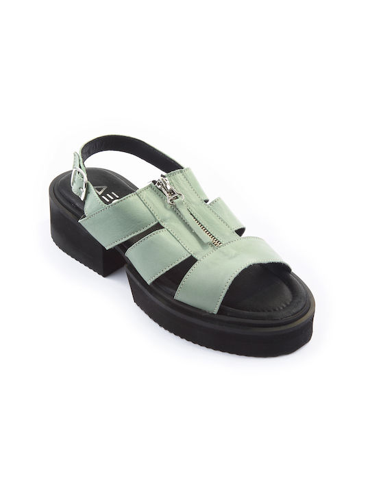 Fshoes Leather Women's Sandals Green with Chunky Low Heel