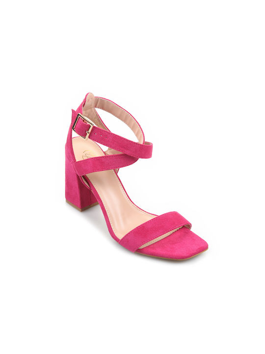 Fshoes Catifea Sandale dama cu Gros Toc Inalt in Culorea Fuchsia