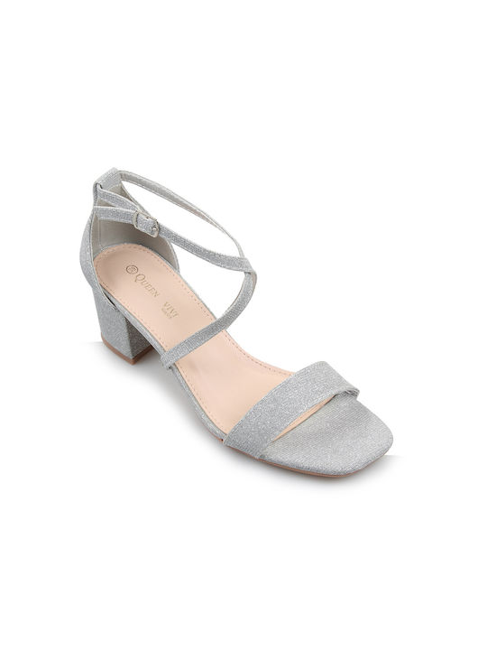 Fshoes Damen Sandalen mit Chunky mittlerem Absatz in Silber Farbe