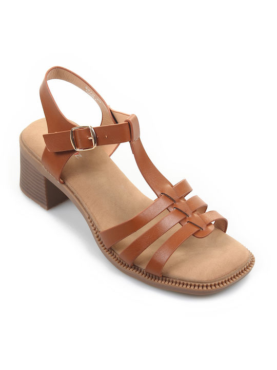 Fshoes Damen Sandalen mit Chunky mittlerem Absatz in Tabac Braun Farbe