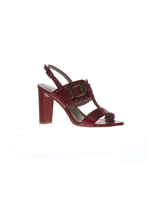 FT Leather Women's Sandals Red with Chunky High Heel