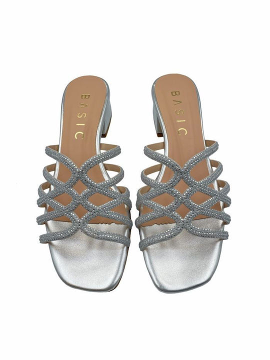 Basic Leather Women's Sandals with Strass Silver