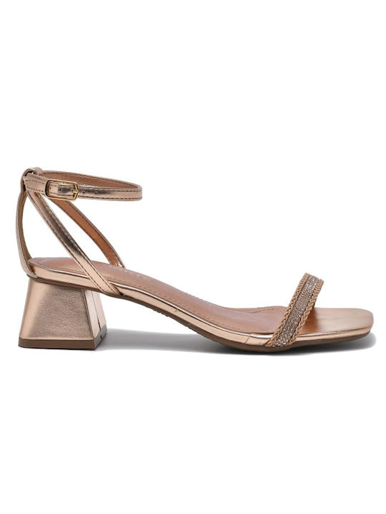 Via Marte Synthetic Leather Women's Sandals Gold with Chunky Medium Heel