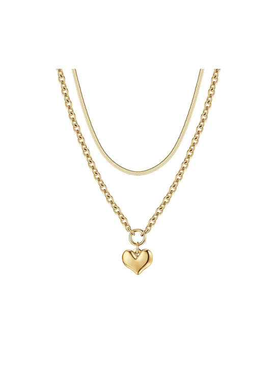 Luca Barra Necklace Double with design Heart from Gold Plated Steel