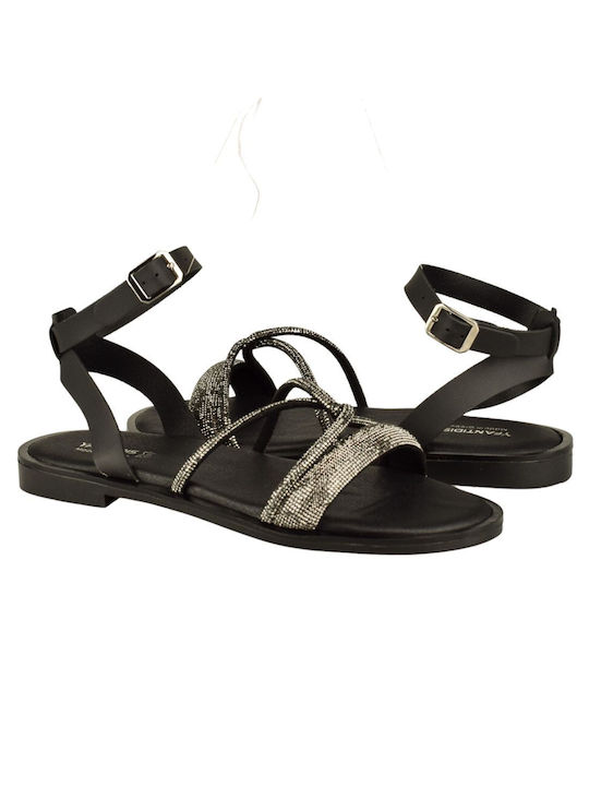 Yfantidis Leather Women's Flat Sandals with Strap in Black Color