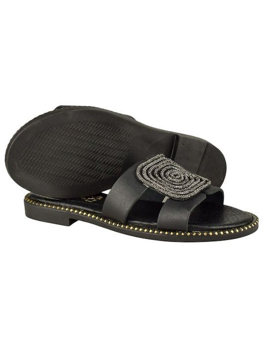 Yfantidis Leather Women's Flat Sandals in Black Color