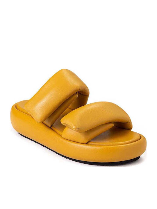 Leather Women's Flat Sandals Flatforms in Yellow Color