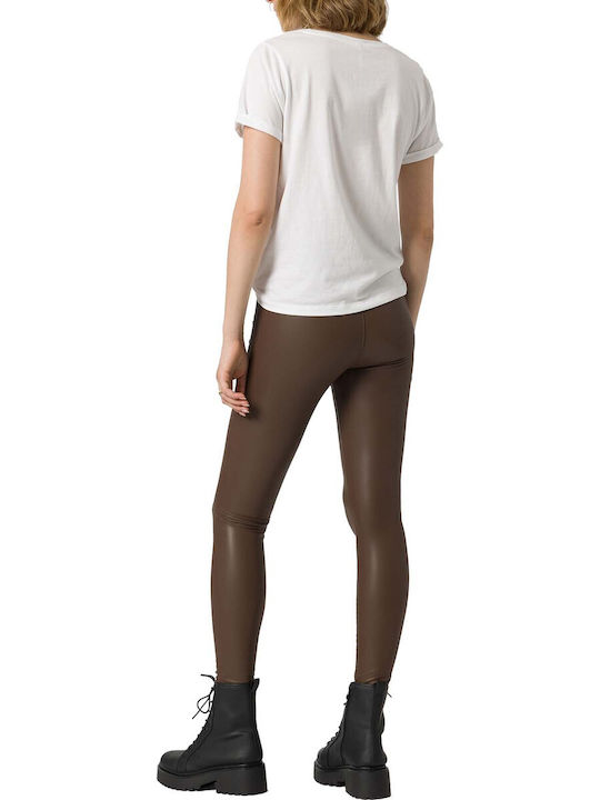 Tiffosi Women's High-waisted Leather Trousers with Elastic in Slim Fit Brown