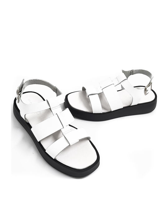 Leather Women's Flat Sandals Flatforms in White Color