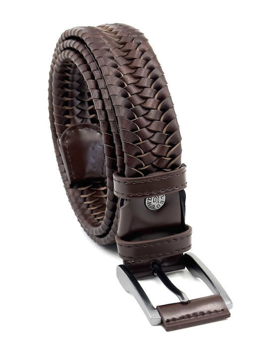 Elastic Men's Belt Leather Knitted Brown