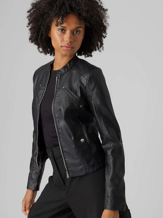 Favodona Women's Short Biker Artificial Leather Jacket for Spring or Autumn Black