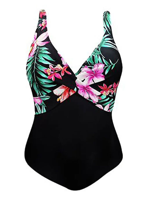 One Piece Swimsuit with Removable Padding for Large Bust Floral Black LS-2221