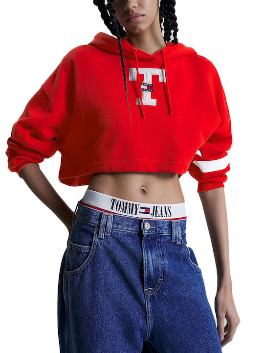 Tommy Hilfiger Cropped Γυναικείο Φούτερ με Κουκούλα Κόκκινο