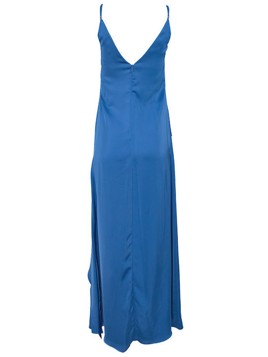 Forel Summer Maxi Dress Satin with Ruffle Blue