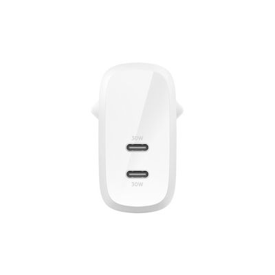 Belkin Charger Without Cable with 2 USB-C Ports 30W Power Delivery Whites (BoostCharge Pro)