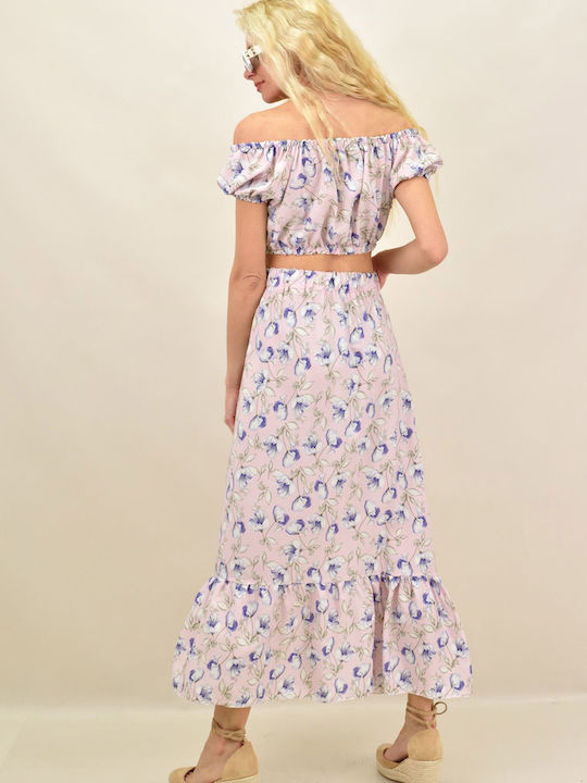 Set with High-waisted Midi Skirt Floral Pink