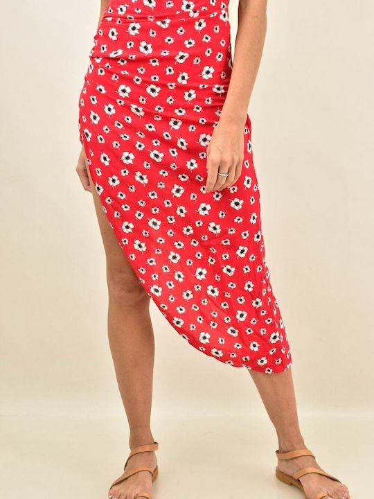 Ψηλόμεση Midi Φούστα Floral Κόκκινη