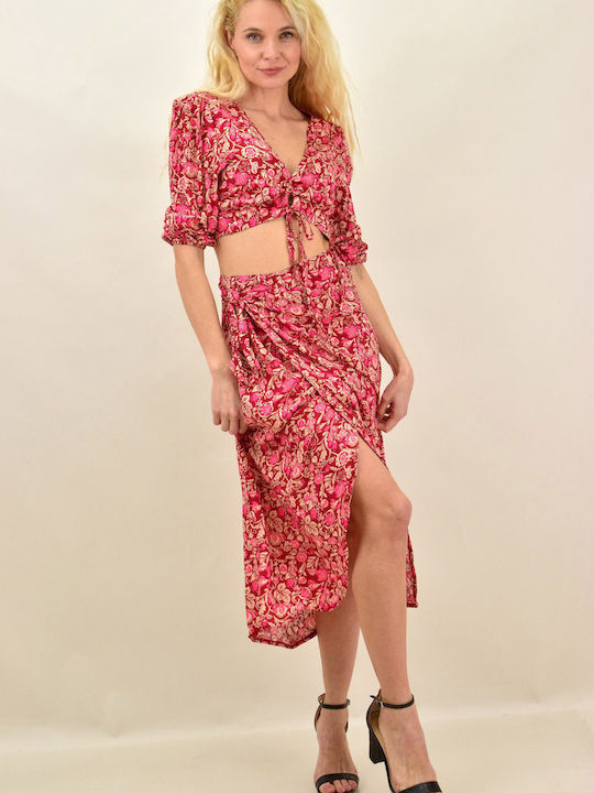 Σετ με Ψηλόμεση Midi Φούστα Floral Φούξια