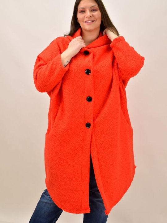 Potre Women's Curly Midi Coat with Buttons and Hood Orange