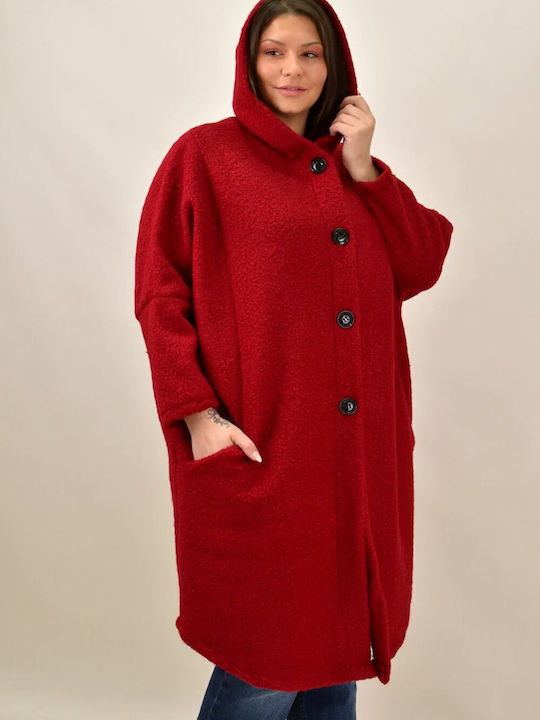 Μπουκλέ Γυναικείο Κόκκινο Παλτό Oversized με κουκούλα