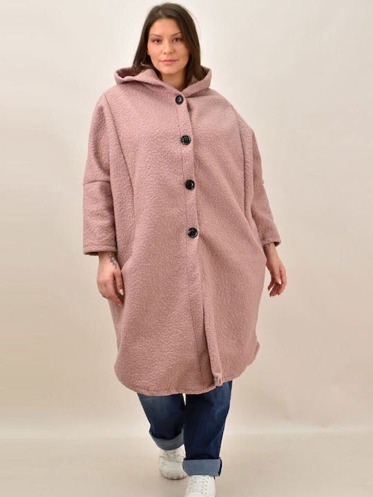 Μπουκλέ Γυναικείο Ροζ Παλτό Oversized με κουκούλα