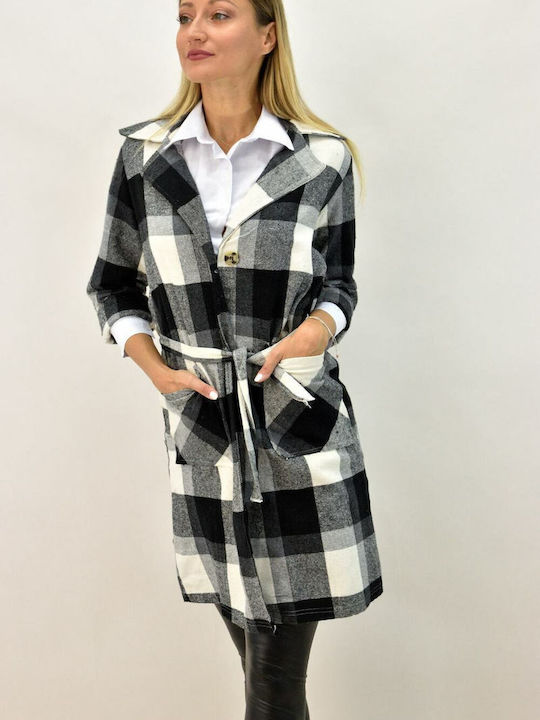 Potre Women's Checked Midi Coat with Buttons Black