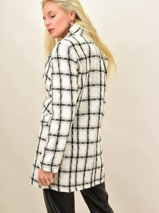 Women's Checked White Coat with Buttons