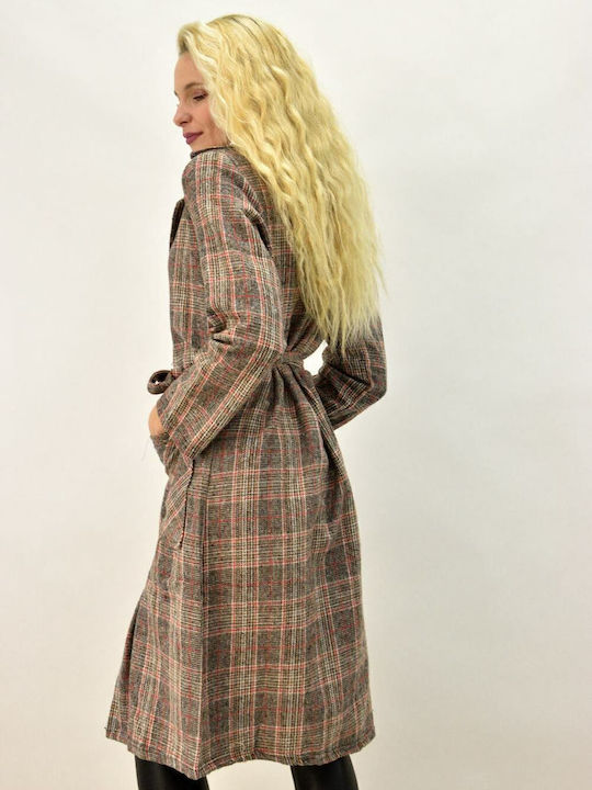 Women's Checked Brown Coat with Buttons