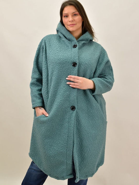 Curly Women's Green Coat Oversized with hood