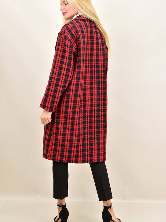 Women's Checked Red Coat with Buttons