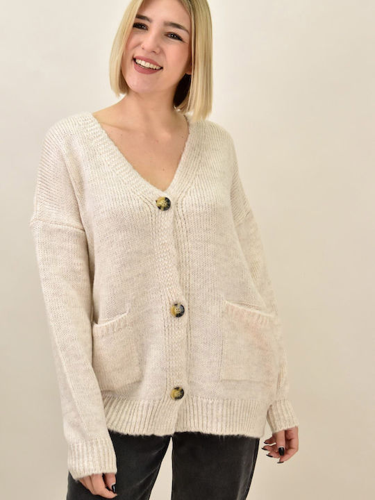 Potre Long Women's Knitted Cardigan with Buttons Beige