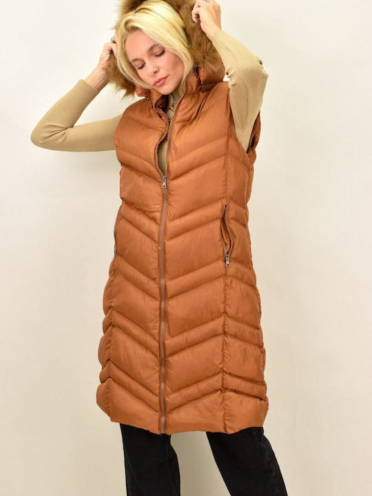 Potre Women's Long Puffer Jacket for Winter with Detachable Hood Brown