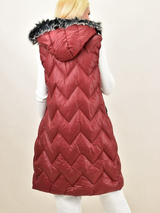Lang Damen Ärmellos Puffer Jacke mit pelziger Kapuze für Winter Burgundisch