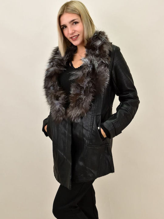 Potre Women's Long Lifestyle Artificial Leather Jacket for Winter Black 221725301