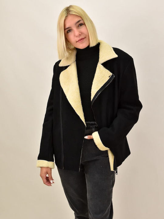 Women's Short Lifestyle Suede Jacket for Winter Black
