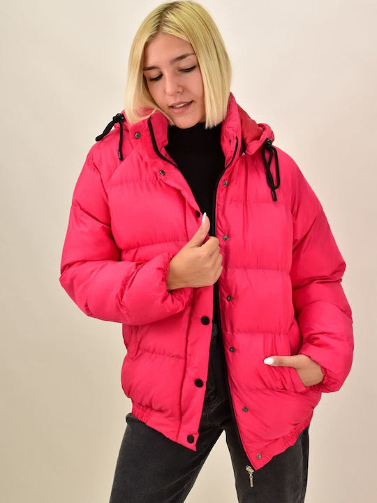 Women's Short Puffer Jacket for Winter with Hood Fuchsia