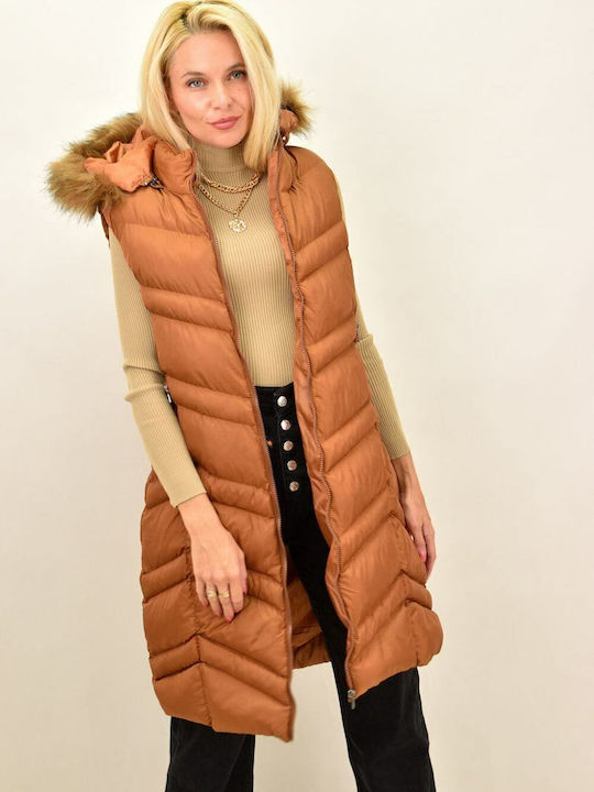 Lang Damen Ärmellos Puffer Jacke mit pelziger Kapuze für Winter Braun