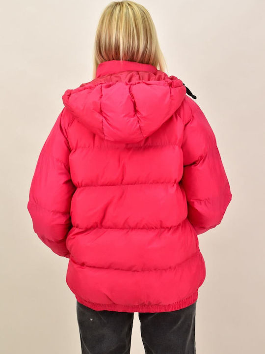 Women's Short Puffer Jacket for Winter with Hood Fuchsia